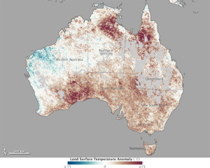 Temperature anomaly map of Australia from January 1-8, 2013. (Source: NASA)